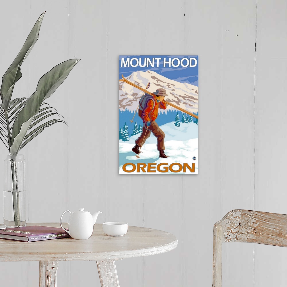 A farmhouse room featuring Skier Carrying Snow Skis - Mount Hood, Oregon: Retro Travel Poster