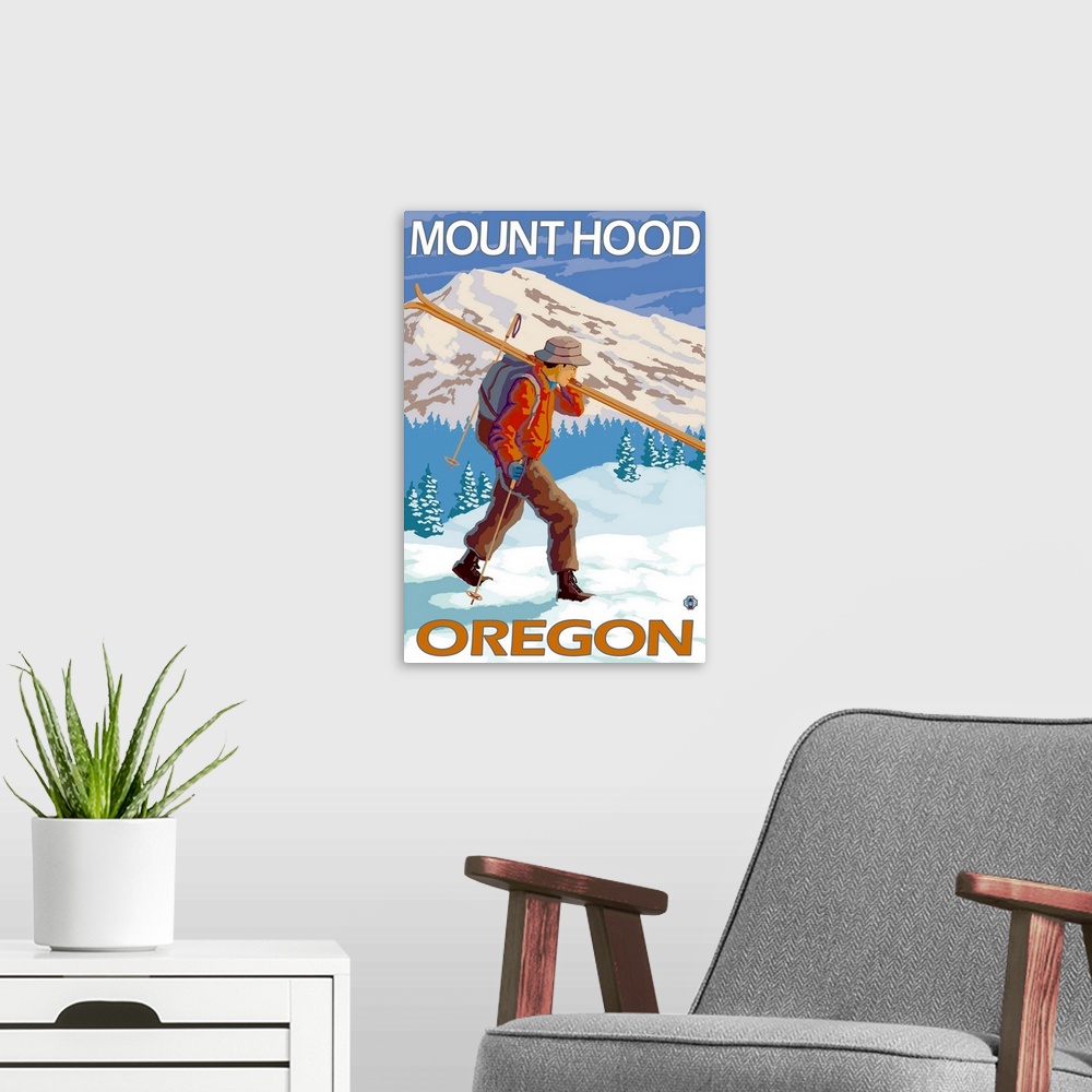 A modern room featuring Skier Carrying Snow Skis - Mount Hood, Oregon: Retro Travel Poster