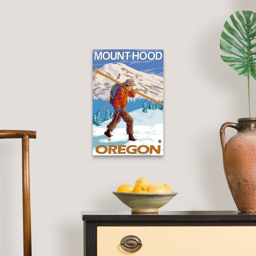 A traditional room featuring Skier Carrying Snow Skis - Mount Hood, Oregon: Retro Travel Poster