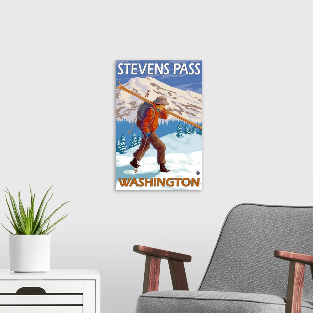 A modern room featuring Skier Carrying Snow Skis - Stevens Pass, Washington: Retro Travel Poster