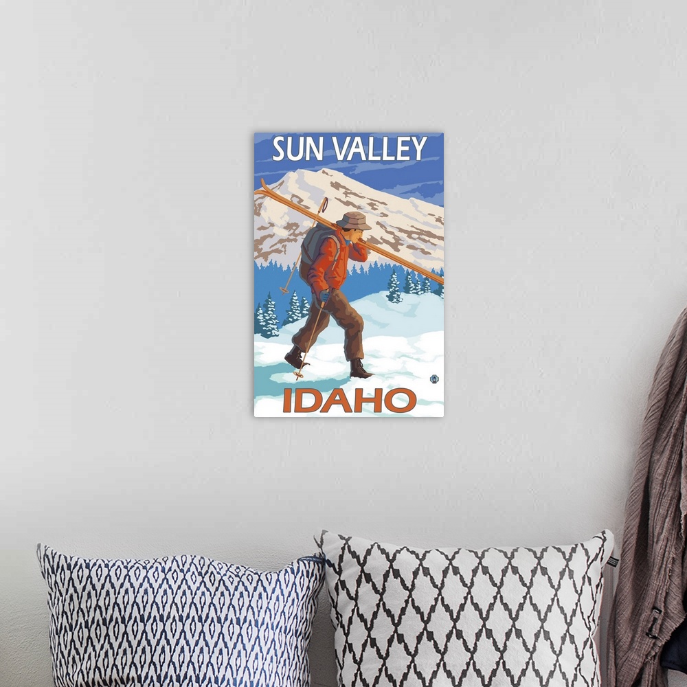 A bohemian room featuring Skier Carrying Snow Skis - Sun Valley, Idaho: Retro Travel Poster