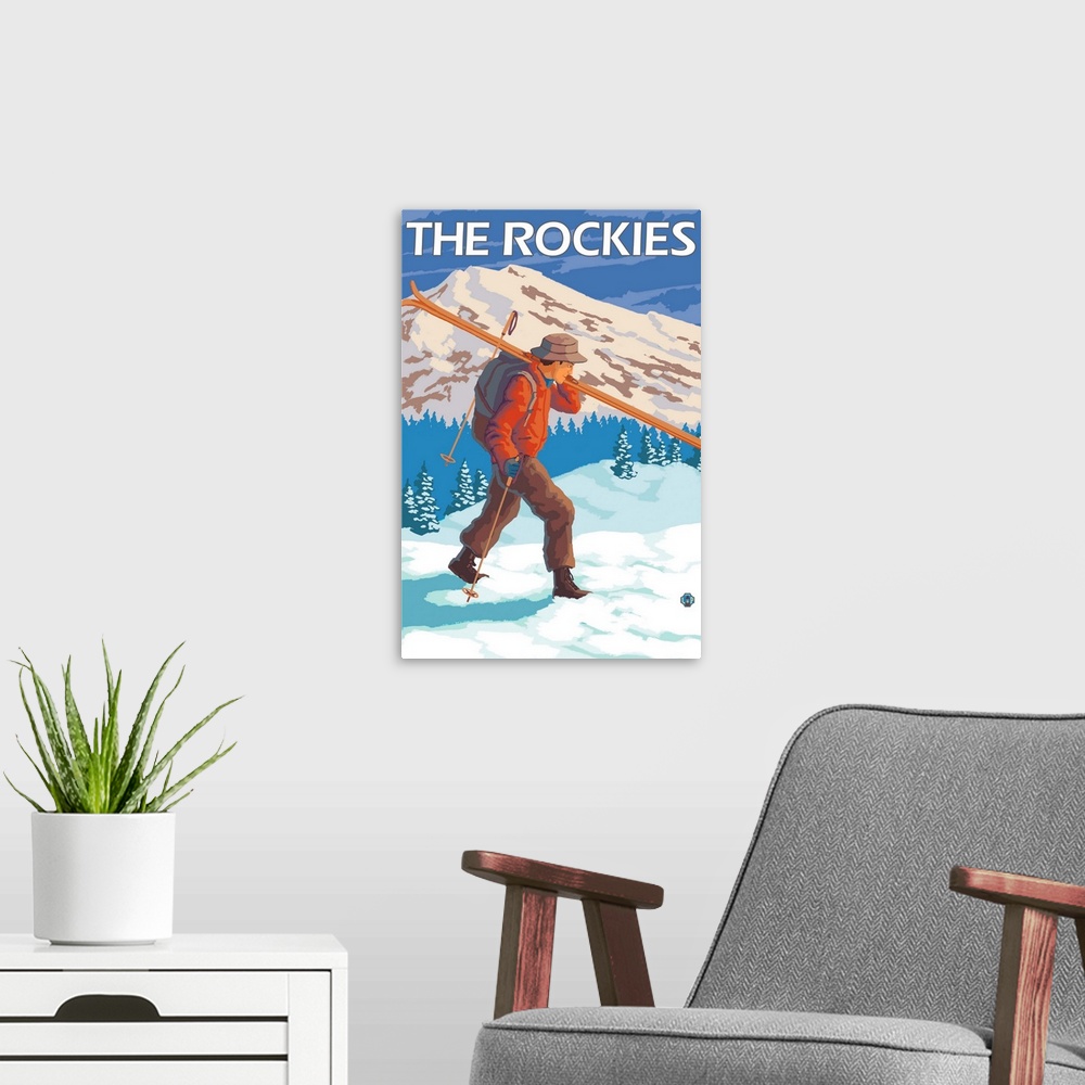 A modern room featuring Skier Carrying Snow Skis - The Rockies: Retro Travel Poster