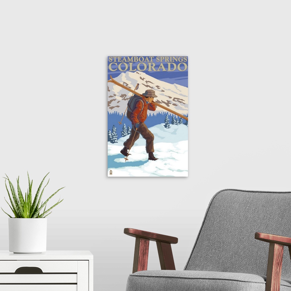 A modern room featuring Skier Carrying - Steamboat Springs, Colorado: Retro Travel Poster