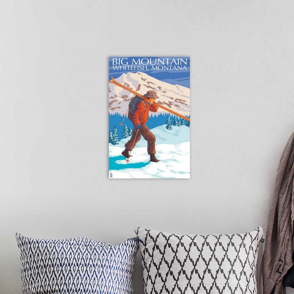 A bohemian room featuring Skier Carrying - Whitefish, Montana - Snowboarder Jumping: Retro Travel Poster