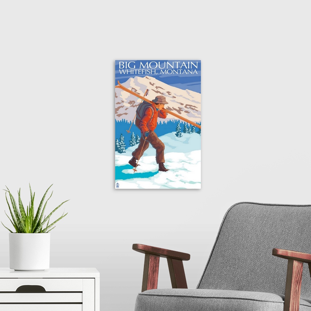 A modern room featuring Skier Carrying - Whitefish, Montana - Snowboarder Jumping: Retro Travel Poster