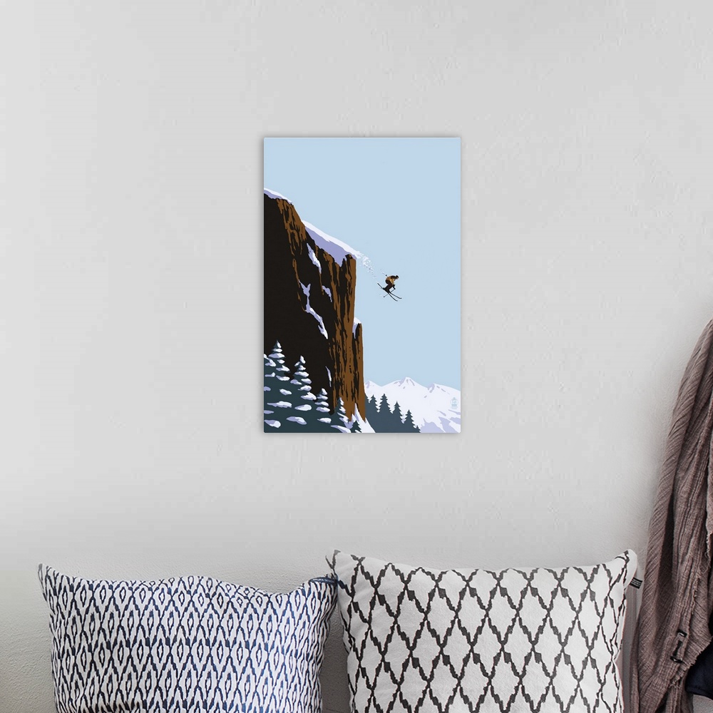 A bohemian room featuring Retro stylized art poster of a skier leaping of the edge of a mountain.