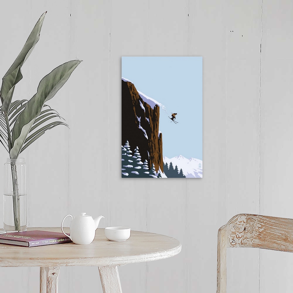 A farmhouse room featuring Retro stylized art poster of a skier leaping of the edge of a mountain.