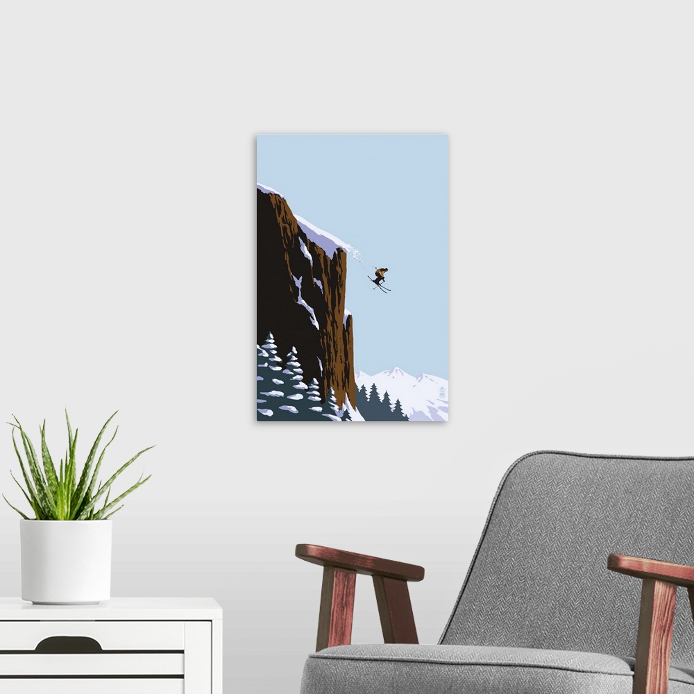 A modern room featuring Retro stylized art poster of a skier leaping of the edge of a mountain.