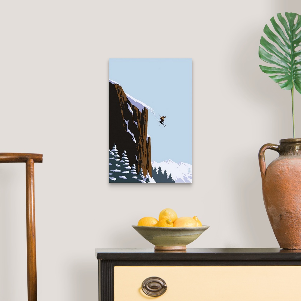 A traditional room featuring Retro stylized art poster of a skier leaping of the edge of a mountain.