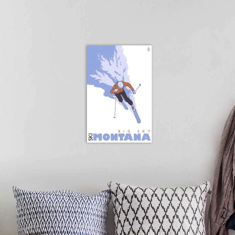 A bohemian room featuring Skier Stylized - Big Sky, Montana: Retro Travel Poster