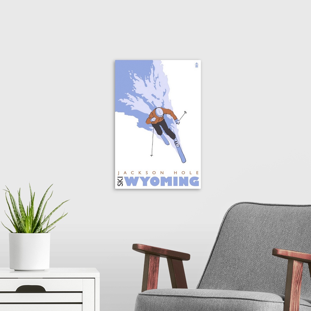 A modern room featuring Skier Stylized - Jackson Hole, Wyoming: Retro Travel Poster
