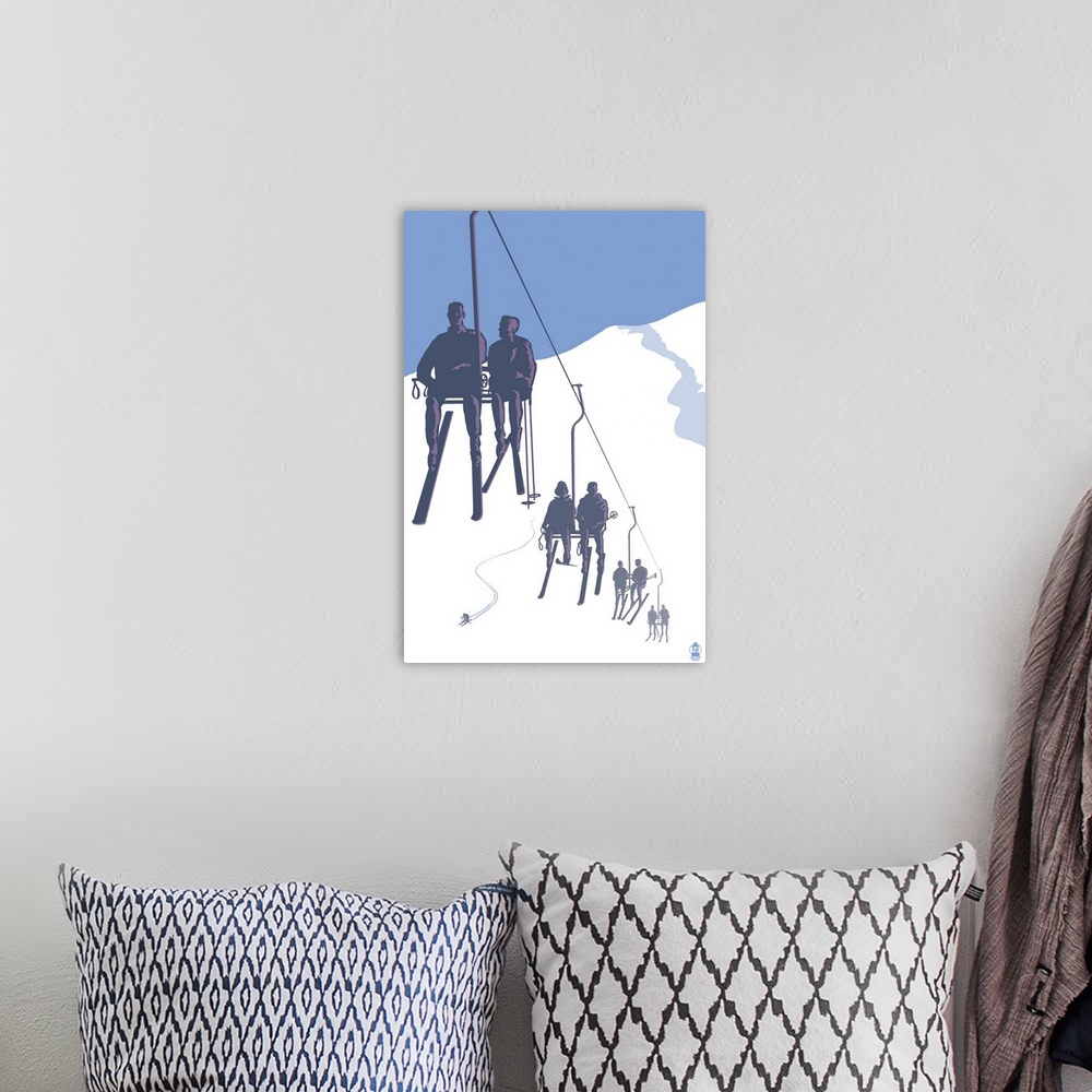 A bohemian room featuring Retro stylized art poster of silhouetted skiers on ski lift.