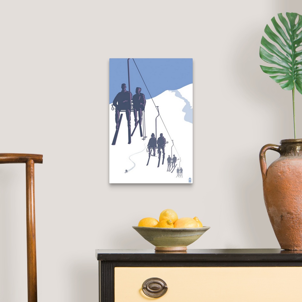A traditional room featuring Retro stylized art poster of silhouetted skiers on ski lift.