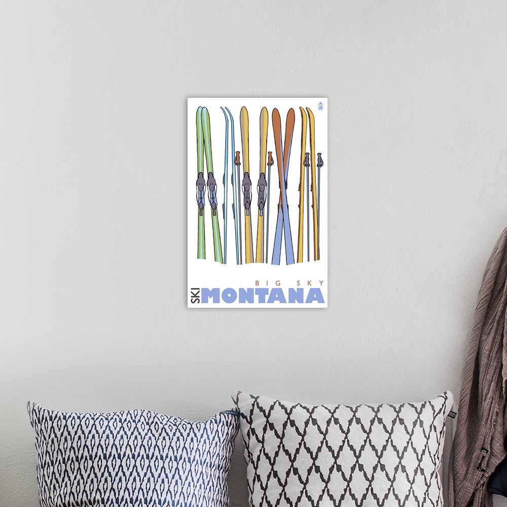 A bohemian room featuring Skis in Snow - Big Sky, Montana: Retro Travel Poster
