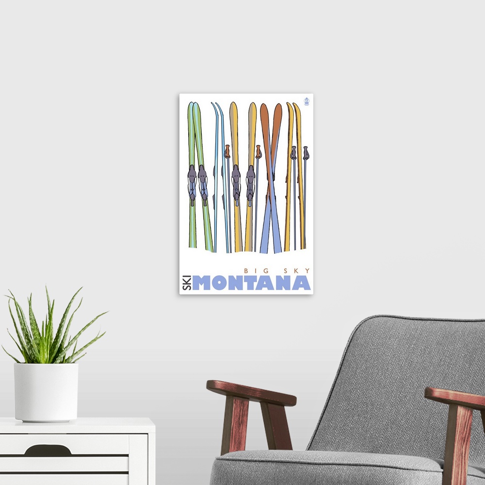 A modern room featuring Skis in Snow - Big Sky, Montana: Retro Travel Poster