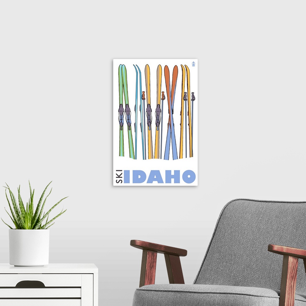A modern room featuring Skis in Snow - Idaho: Retro Travel Poster