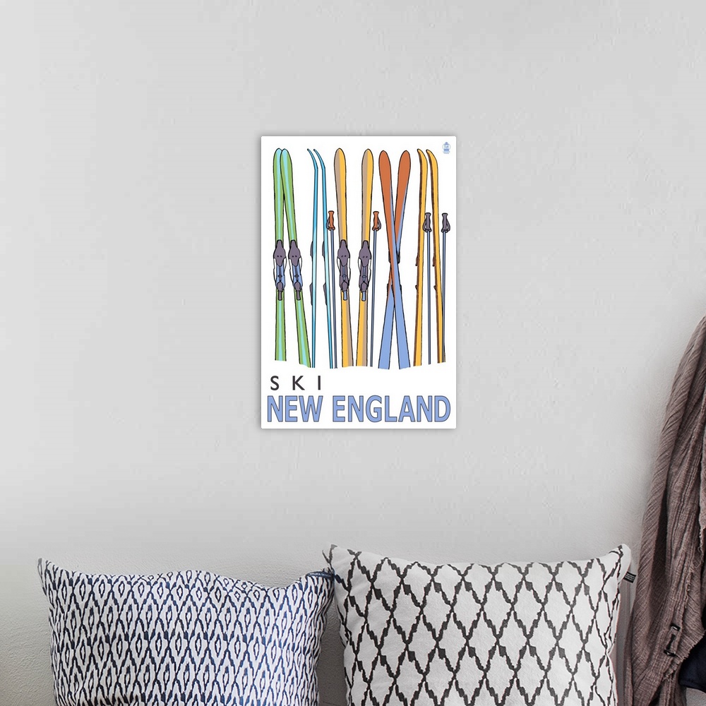 A bohemian room featuring Skis in Snow - New England: Retro Travel Poster