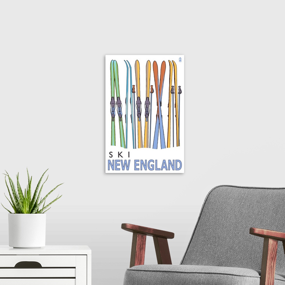 A modern room featuring Skis in Snow - New England: Retro Travel Poster