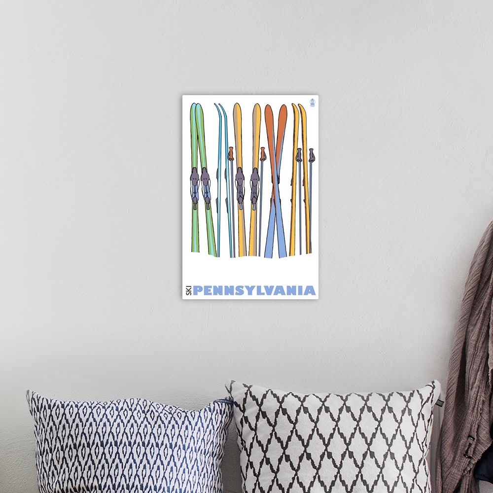 A bohemian room featuring Skis in Snow - Pennsylvania: Retro Travel Poster