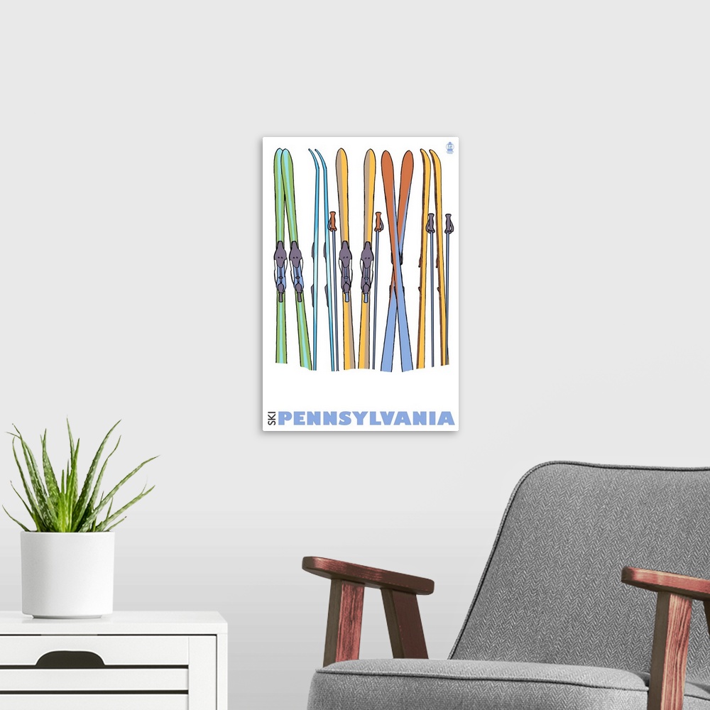 A modern room featuring Skis in Snow - Pennsylvania: Retro Travel Poster