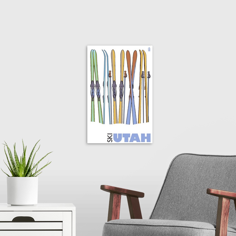 A modern room featuring Skis in Snow - Utah: Retro Travel Poster