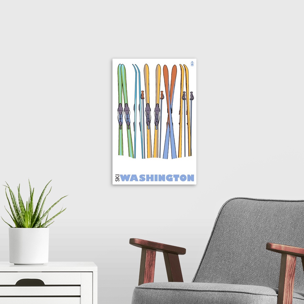 A modern room featuring Skis in Snow - Washington: Retro Travel Poster