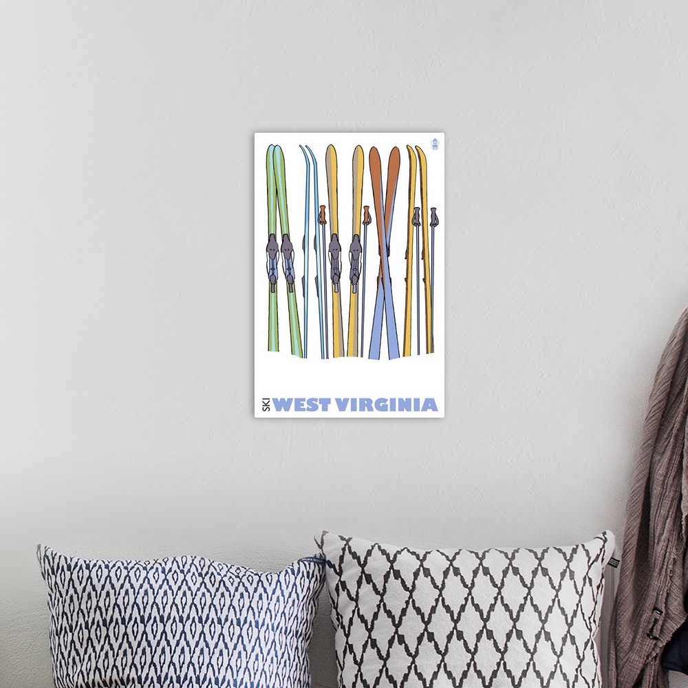 A bohemian room featuring Skis in Snow - West Virginia: Retro Travel Poster