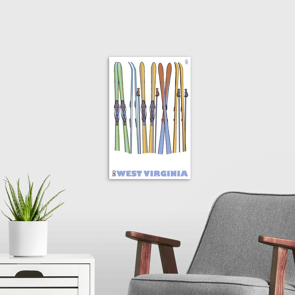 A modern room featuring Skis in Snow - West Virginia: Retro Travel Poster