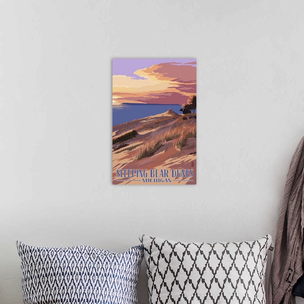 A bohemian room featuring Sleeping Bear Dunes, Michigan - Dunes Sunset and Bear: Retro Travel Poster