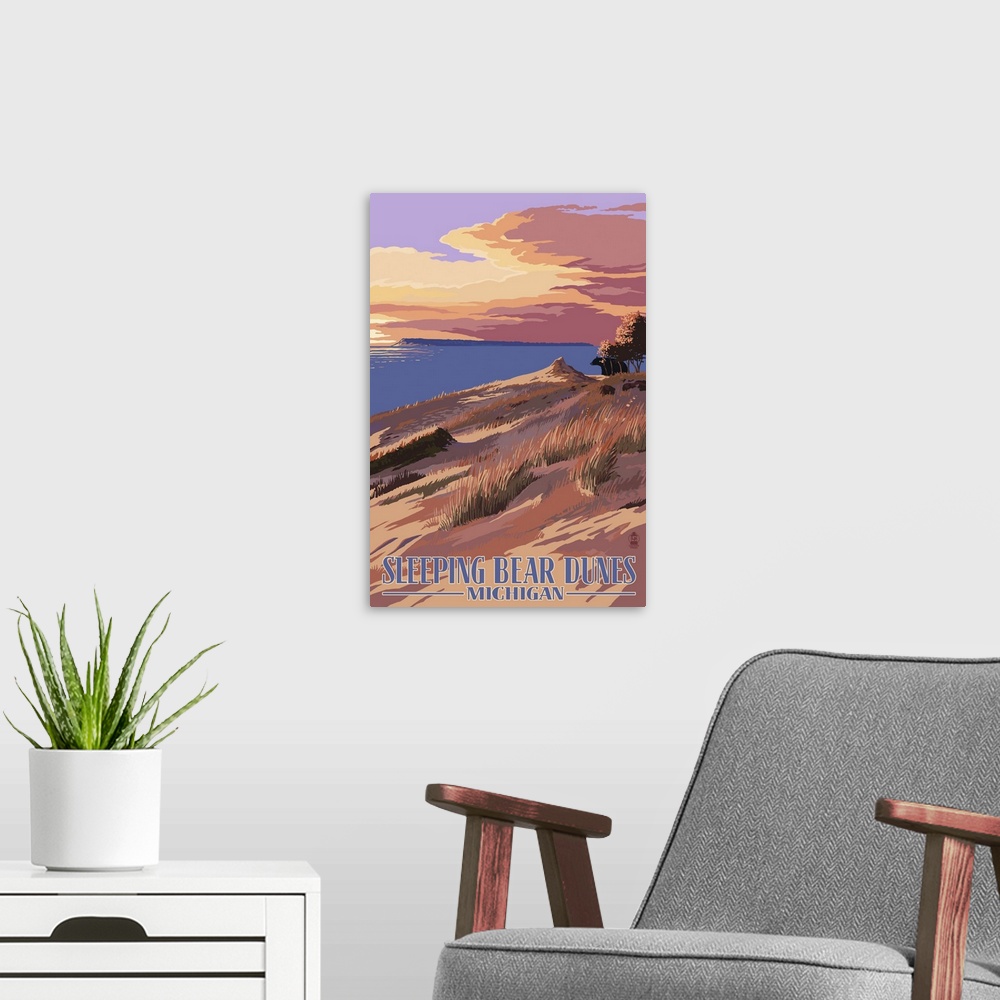 A modern room featuring Sleeping Bear Dunes, Michigan - Dunes Sunset and Bear: Retro Travel Poster