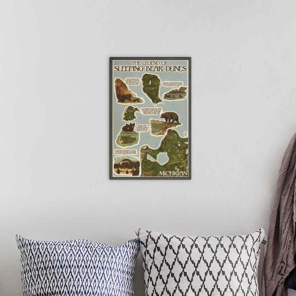 A bohemian room featuring Sleeping Bear Dunes, Michigan - Sleeping Bear Dunes Legend Map: Retro Travel Poster