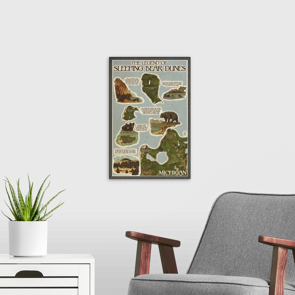 A modern room featuring Sleeping Bear Dunes, Michigan - Sleeping Bear Dunes Legend Map: Retro Travel Poster
