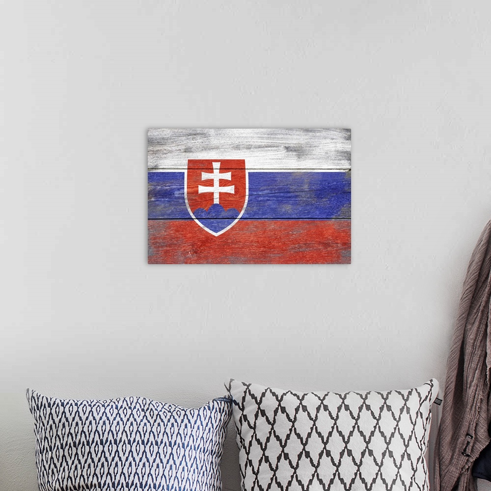 A bohemian room featuring The flag of Slovakia with a weathered wooden board effect.