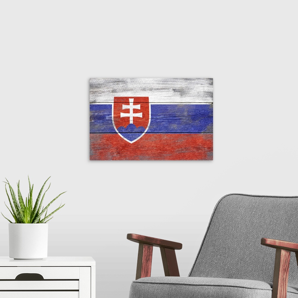 A modern room featuring The flag of Slovakia with a weathered wooden board effect.