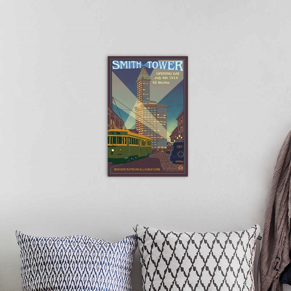 A bohemian room featuring Smith Tower: Retro Travel Poster