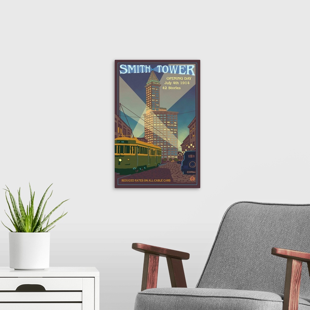 A modern room featuring Smith Tower: Retro Travel Poster