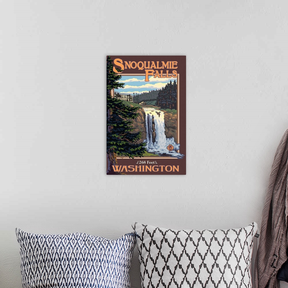 A bohemian room featuring Snoqualmie Falls Day: Retro Travel Poster
