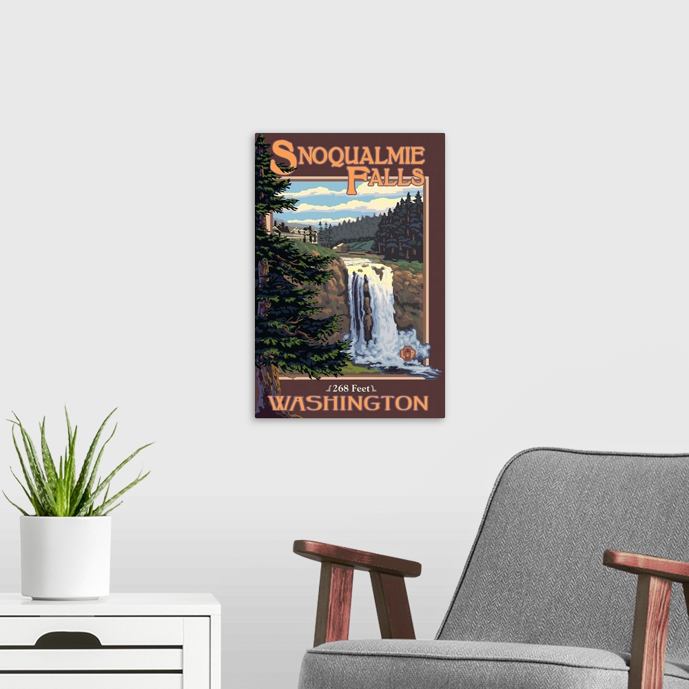 A modern room featuring Snoqualmie Falls Day: Retro Travel Poster