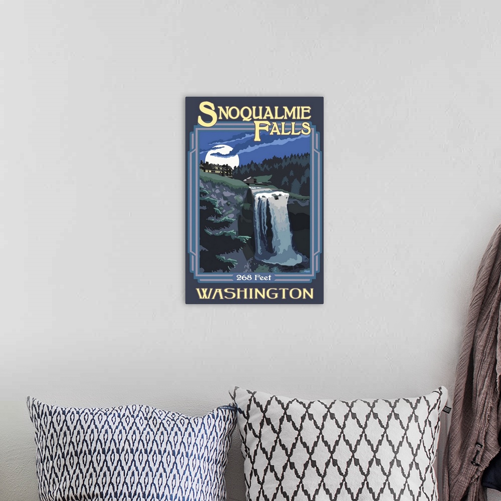 A bohemian room featuring Snoqualmie Falls: Retro Travel Poster