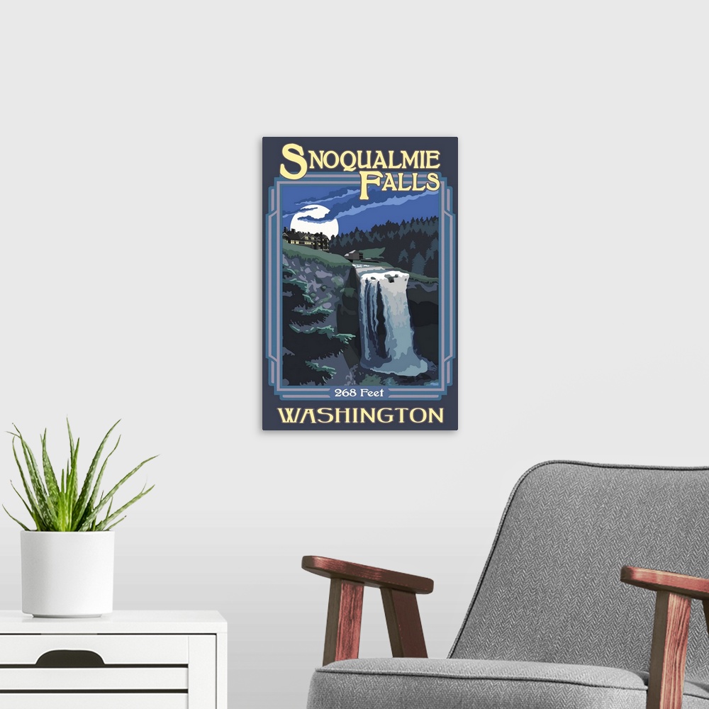 A modern room featuring Snoqualmie Falls: Retro Travel Poster