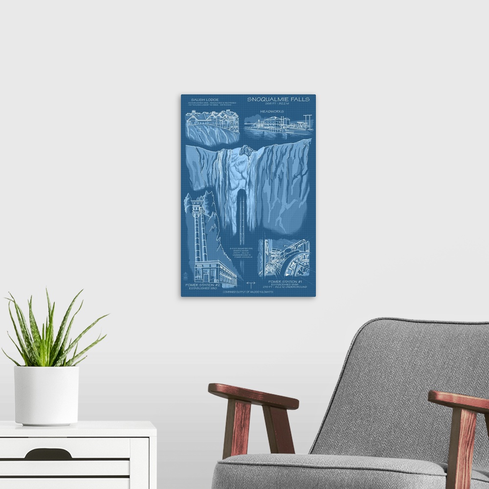 A modern room featuring Snoqualmie Falls, WA - Engineer Drawings (Blueprint): Retro Travel Poster