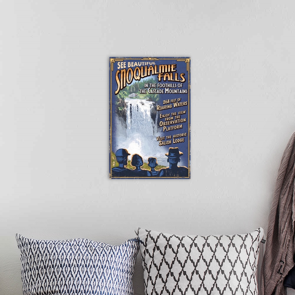 A bohemian room featuring Retro stylized art poster of a group of people looking at a waterfall.