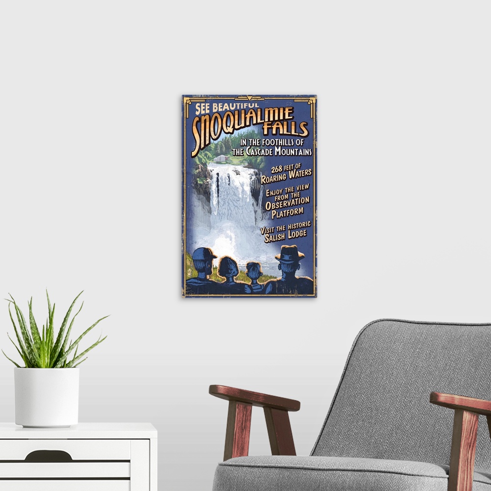 A modern room featuring Retro stylized art poster of a group of people looking at a waterfall.