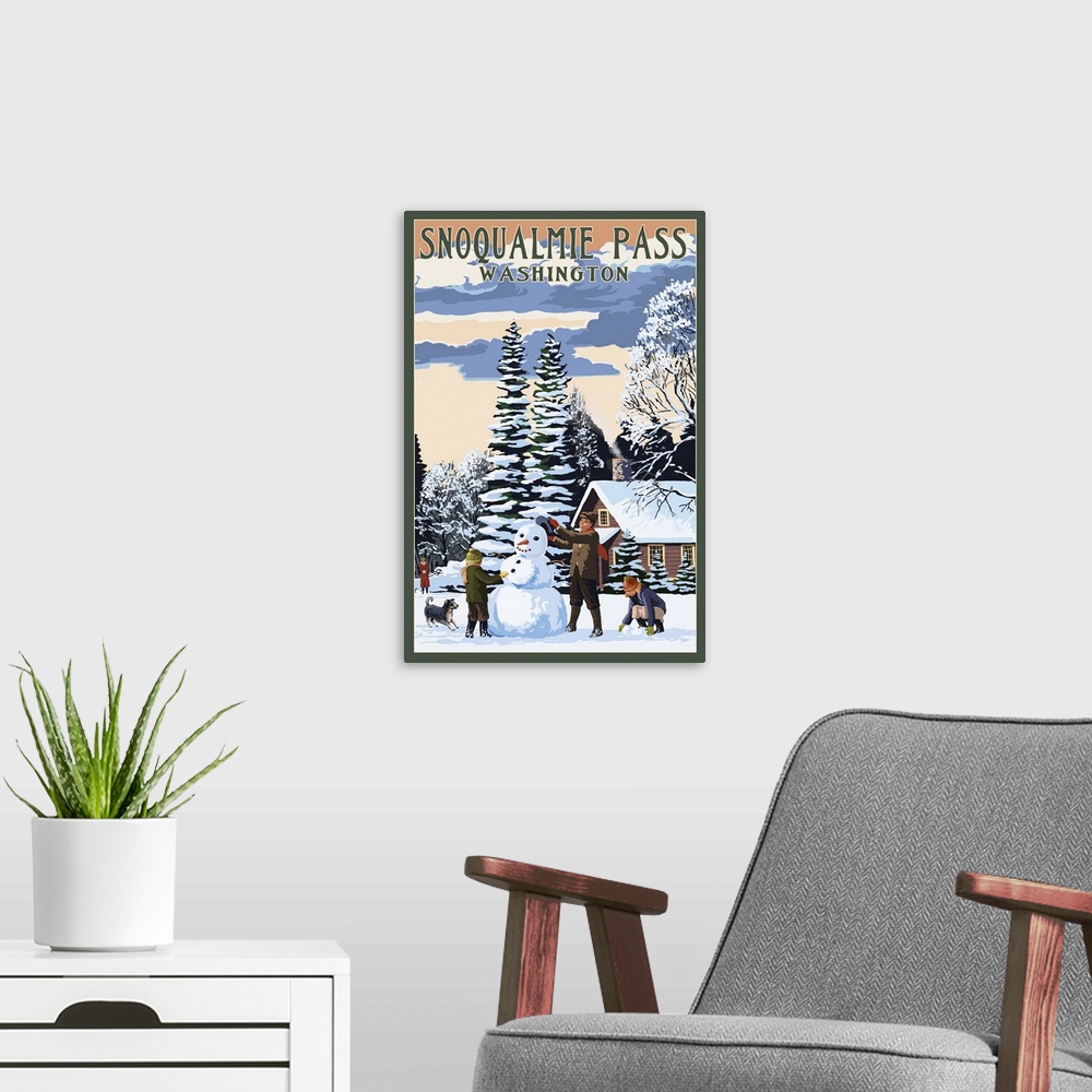 A modern room featuring Snoqualmie Pass, Washington - Snowman Scene: Retro Travel Poster