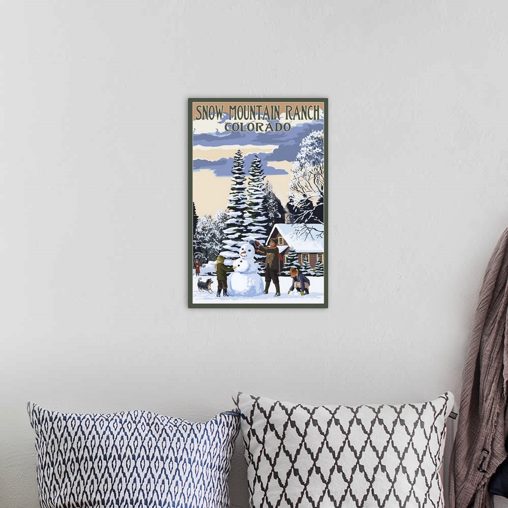 A bohemian room featuring Snow Mountain Ranch, Colorado - Snowman Scene: Retro Travel Poster