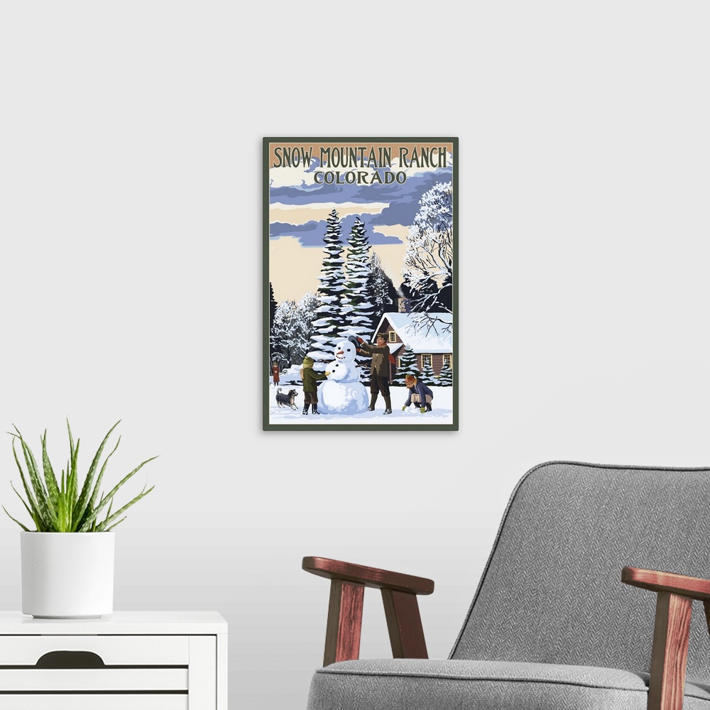 A modern room featuring Snow Mountain Ranch, Colorado - Snowman Scene: Retro Travel Poster