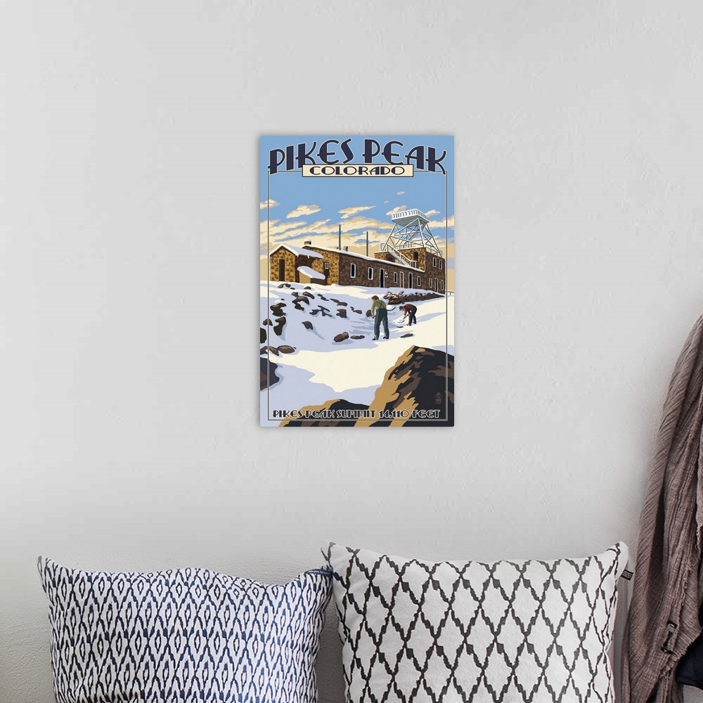 A bohemian room featuring Snow Scene atop Pikes Peak, Colorado: Retro Travel Poster