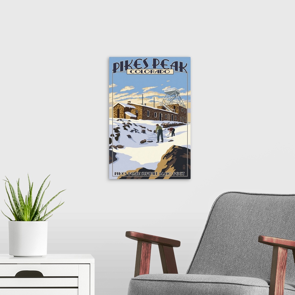 A modern room featuring Snow Scene atop Pikes Peak, Colorado: Retro Travel Poster