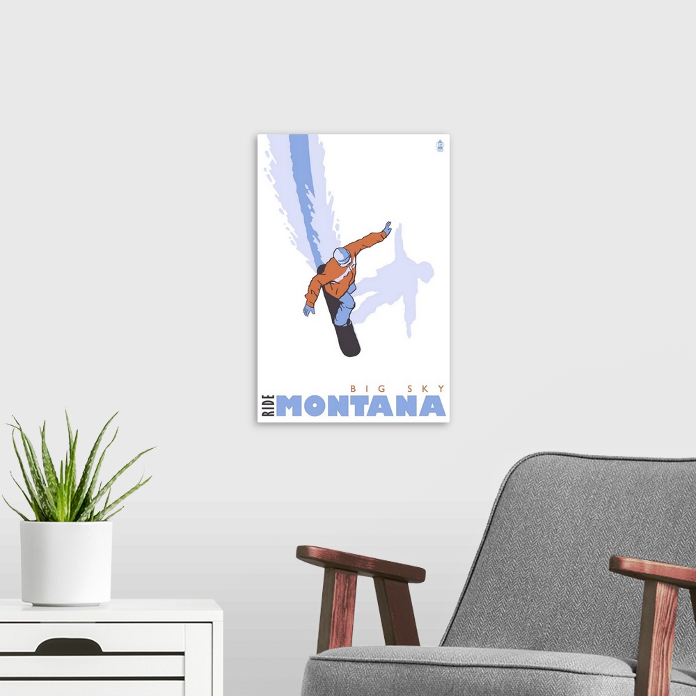 A modern room featuring Snowboard Stylized - Big Sky, Montana: Retro Travel Poster