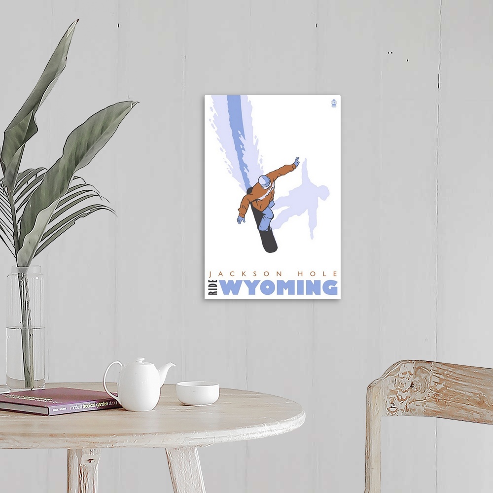 A farmhouse room featuring Snowboard Stylized - Jackson Hole, Wyoming: Retro Travel Poster